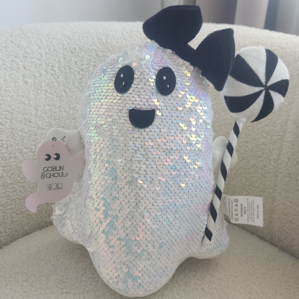 Goblin & Ghoul Sequin Ghost Pillow with Bow and Lollipop Weighted Bottom